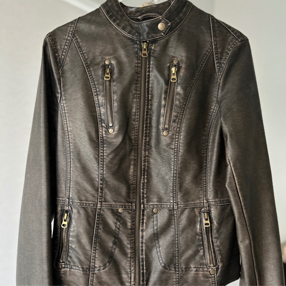 TCEC Peace of Mind Washed Brown Vegan Leather Moto  Jacket Street Plus size XXL - Picture 7 of 17